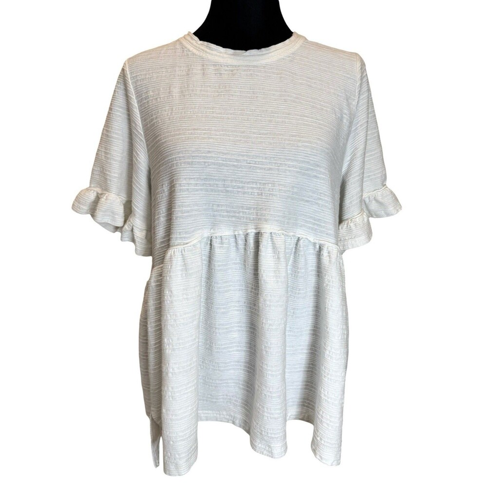Altar’d State Women’s Ivory White Short Sleeve Ruffled Peplum Blouse Top Size L